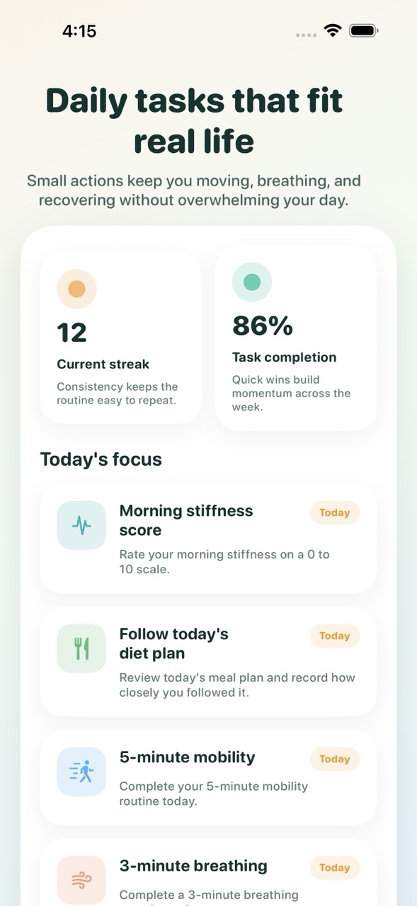 Task screen in Unstiff showing daily routines and follow-through actions